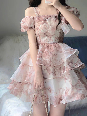 French Ball Gown Straps Holiday Dress Floral Pink Birthday Dresses Birthday Outfits SD1305